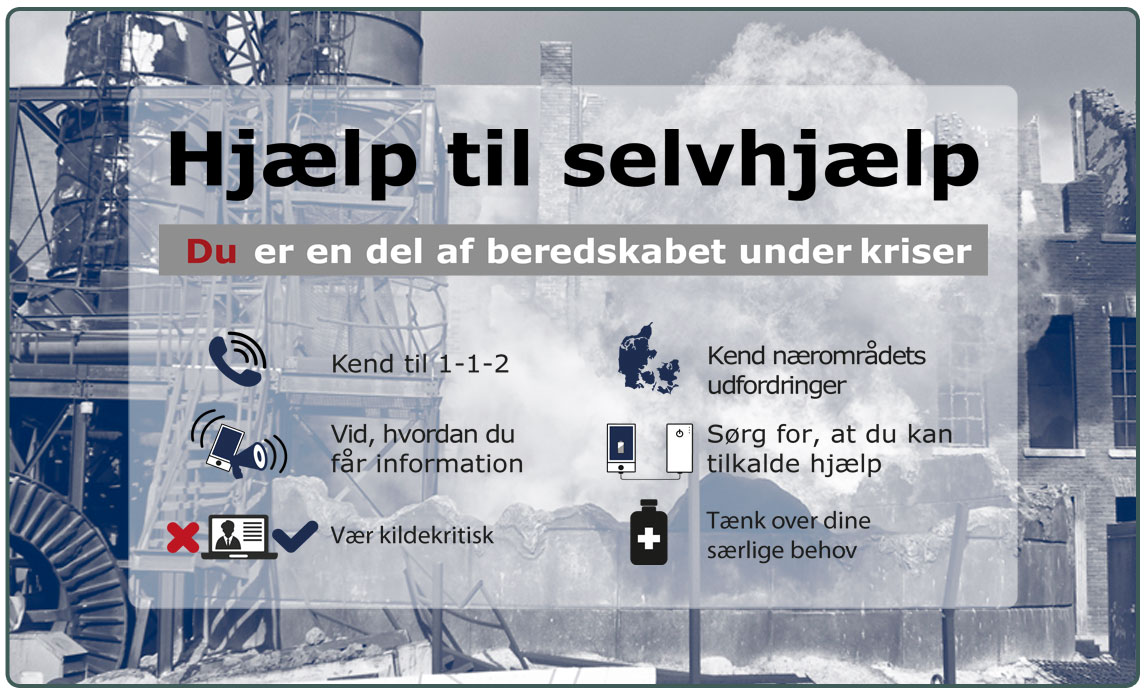 Hjælp til selvhjælp - generelle råd. Kend til 1-1-2. Vid, hvor du får information. Vær kildekritisk. Kend nærområdets udfordringer.Sørg for, at du kan tilkalde hjælp. Tænk over dine særlige behov.